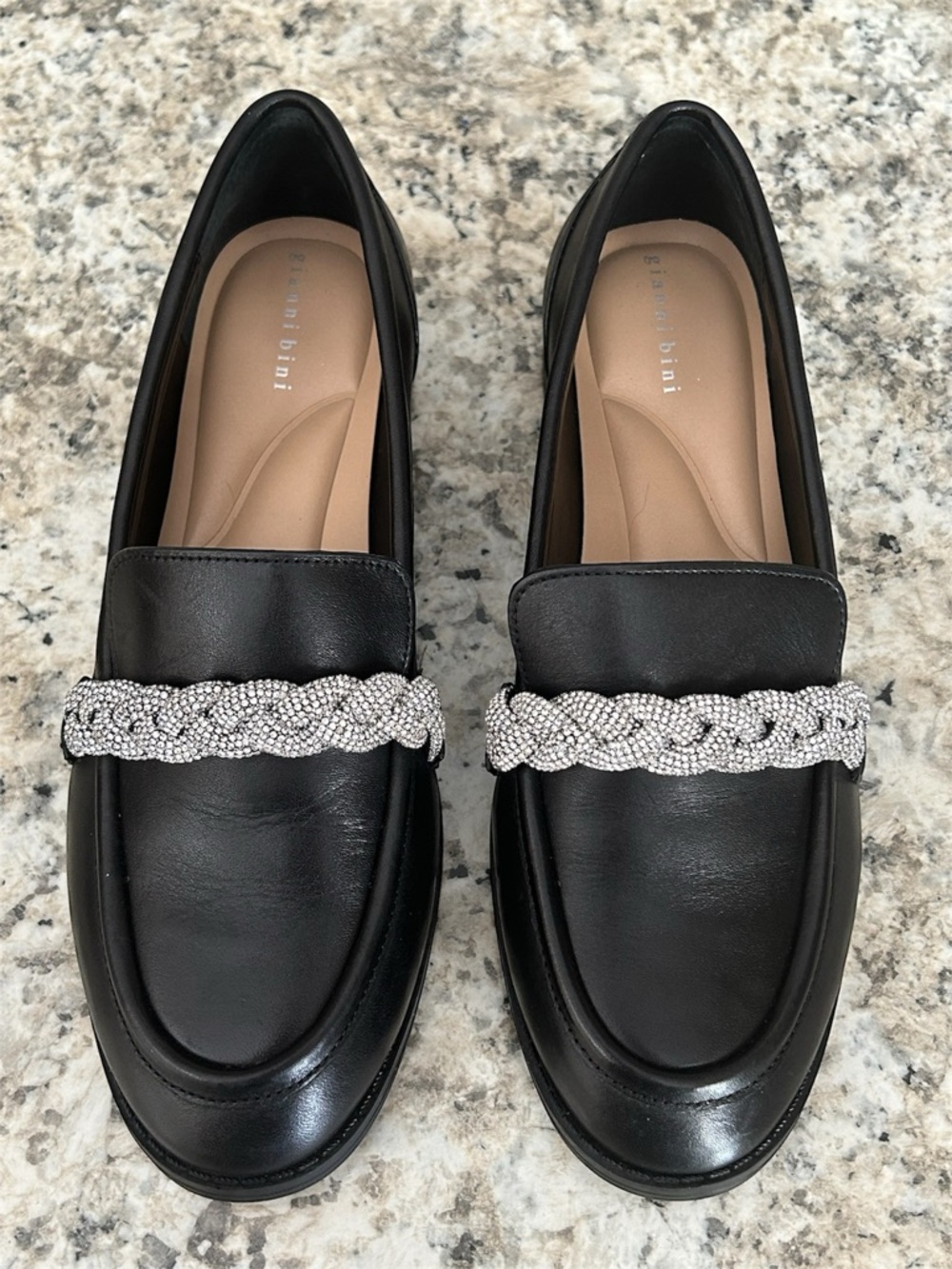 Gianni Bini Bristow Black Leather Rhinestone Braided Loafers Sparkly Size 6.5 - Picture 2 of 12